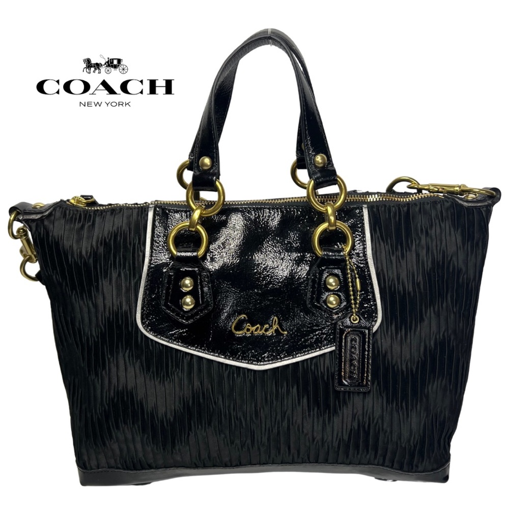 Coach | Women’s Purse Ashley Black Gathered Sateen & Patent Leather F20084